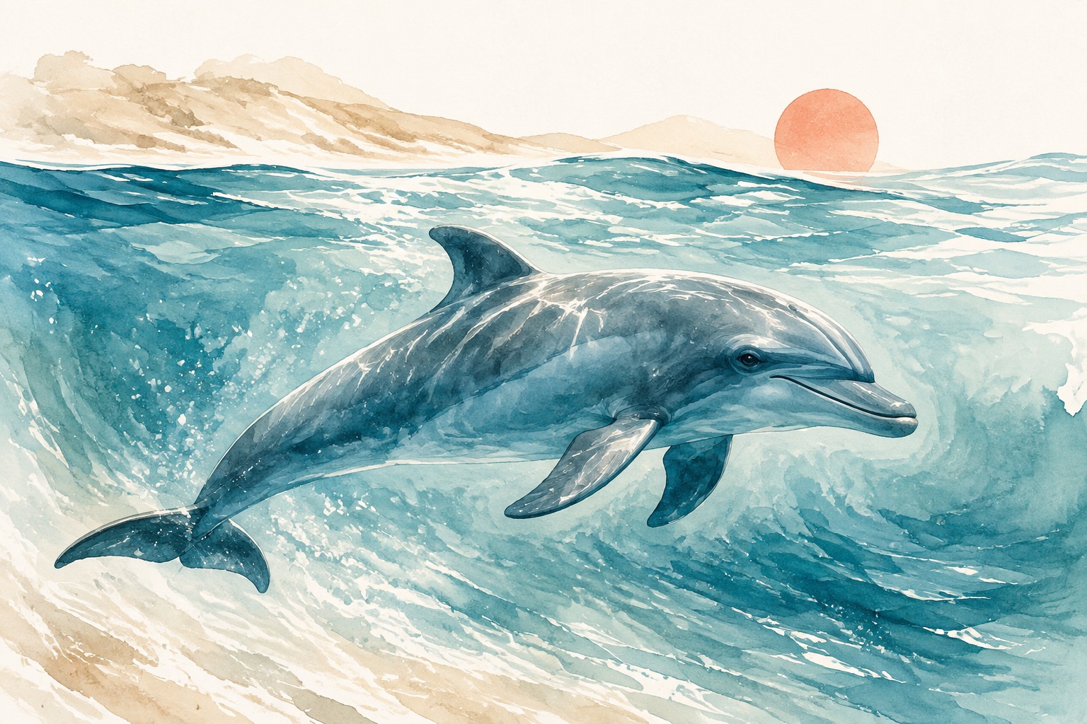 Watercolor illustration of a bottlenose dolphin in sunlit blue water.